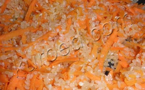 Рис с морковью, пошаговое приготовление - Рис обжарить до прозрачности, добавить морковь