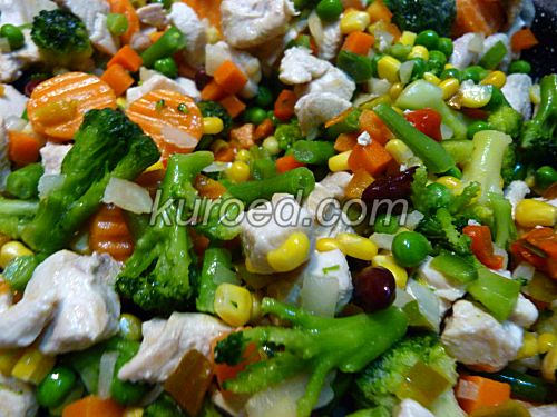 Овощное рагу с курицей и рисом, пошаговое приготовление  - перемешать овощи и мясо
