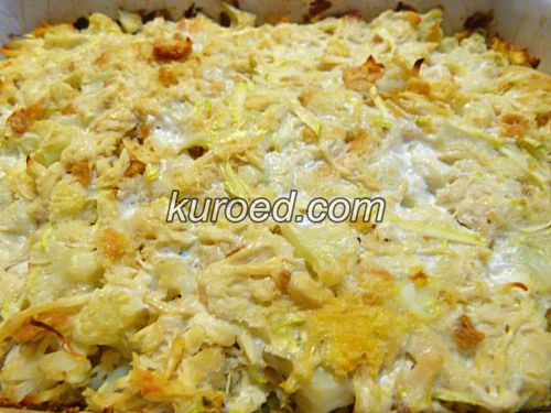 Диетическая запеканка из вареной курицы с цветной капустой и кабачками, пошаговое приготовление  - испечь до готовности